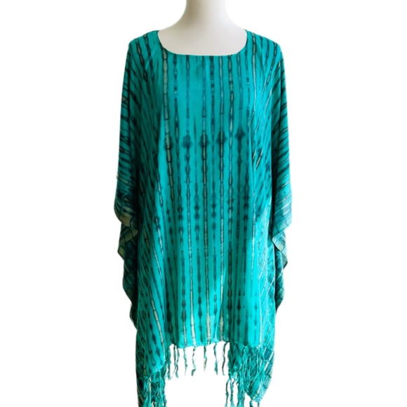 0143/  Tie Dye women Poncho with fringed, Short Kaftan, Beach cover up - Picture 7 of 10